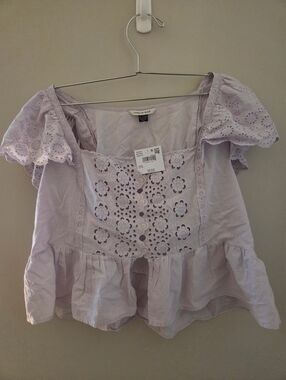 American Eagle Lilac Eyelet Peplum Cotton Top